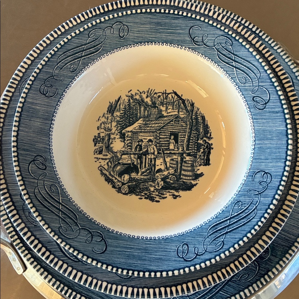Currier&Ives SET/2 Porcelain Bowls 1 Maple Sugaring1 Home Sweet Home Blue/White